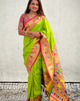 Parrot Green Paithani Silk Contrast Zari Woven Saree with Chandrakor Swan Motifs