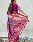 Blue Paithani Silk Contrast Zari Woven Saree with Chandrakor Swan Motifs