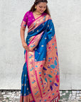 Blue Paithani Silk Contrast Zari Woven Saree with Chandrakor Swan Motifs