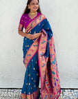 Blue Paithani Silk Contrast Zari Woven Saree with Chandrakor Swan Motifs