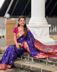 Violet Paithani Silk Contrast Zari Woven Saree with Chandrakor Swan Motifs