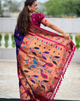Violet Paithani Silk Contrast Zari Woven Saree with Chandrakor Swan Motifs
