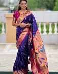 Violet Paithani Silk Contrast Zari Woven Saree with Chandrakor Swan Motifs