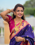 Violet Paithani Silk Contrast Zari Woven Saree with Chandrakor Swan Motifs