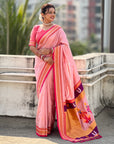 Light Pink Vitthal Rukmini Contrast Paithani Silk Zari Woven Saree