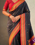 Black Vitthal Rukmini Contrast Paithani Silk Zari Woven Saree
