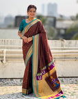 Coffee Vitthal Rukmini Contrast Paithani Silk Zari Woven Saree