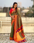 Mehendi Green(Red Tone) Vitthal Rukmini Contrast Paithani Silk Zari Woven Saree