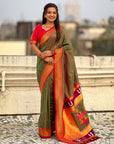 Mehendi Green(Red Tone) Vitthal Rukmini Contrast Paithani Silk Zari Woven Saree
