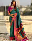 Peacock Blue Vitthal Rukmini Contrast Paithani Silk Zari Woven Saree
