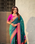 Peacock Blue Vitthal Rukmini Contrast Paithani Silk Zari Woven Saree