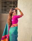 Peacock Blue Vitthal Rukmini Contrast Paithani Silk Zari Woven Saree