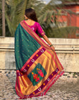 Peacock Blue Vitthal Rukmini Contrast Paithani Silk Zari Woven Saree