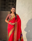 Red Vitthal Rukmini Contrast Paithani Silk Zari Woven Saree