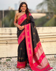 Black Soft Traditional Kolam Art Concept Zari Woven Silk Saree