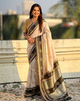 Cream & Black Soft Traditional Kolam Art Concept Zari Woven Silk Saree