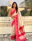 Cream & Pink Soft Traditional Kolam Art Concept Zari Woven Silk Saree
