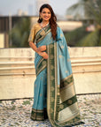 Sky Blue Soft Traditional Kolam Art Concept Zari Woven Silk Saree