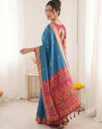 Blue Traditional Soft Silk Saree with Floral & Peacock Pattern Saree