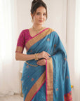 Blue Traditional Soft Silk Saree with Floral & Peacock Pattern Saree