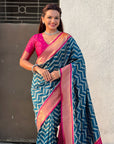 Dark Blue Soft Ikkat Leheriya Patola Silk Zari Woven Saree