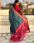 Dark Blue Soft Ikkat Leheriya Patola Silk Zari Woven Saree