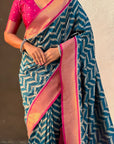 Dark Blue Soft Ikkat Leheriya Patola Silk Zari Woven Saree