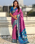 Dark Pink Soft Ikkat Leheriya Patola Silk Zari Woven Saree
