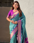 Peacock Blue Soft Ikkat Leheriya Patola Silk Zari Woven Saree
