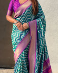 Peacock Blue Soft Ikkat Leheriya Patola Silk Zari Woven Saree