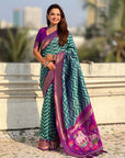 Peacock Blue Soft Ikkat Leheriya Patola Silk Zari Woven Saree