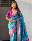 Sky Blue Soft Ikkat Leheriya Patola Silk Zari Woven Saree