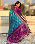 Sky Blue Soft Ikkat Leheriya Patola Silk Zari Woven Saree