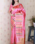 Baby Pink Soft Silk Meenakari Zari Woven Saree with Unique Temple Border