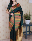 Bottle Green Soft Silk Meenakari Zari Woven Saree with Unique Temple Border