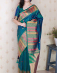 Peacock Blue Soft Silk Meenakari Zari Woven Saree with Unique Temple Border