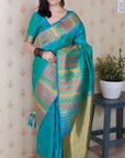 Aqua Blue Soft Silk Meenakari Zari Woven Saree with Unique Temple Border