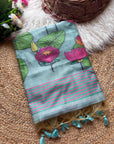 Sky Blue Soft Flora Cotton Resham Saree with Lotus Pattern Saree