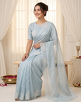 Sky Blue Soft Raspberry Crush Silk Saree with Chikankari Work