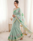 Sky Blue Premium Soft Linen Cotton with Lotus & Leafs Pattern Saree