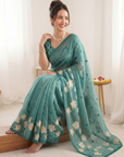 Dark Blue Soft Oris Silk with Floral Applique Work Saree