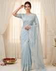 Sky Blue Soft Raspberry Crush Silk Saree with Chikankari Work