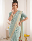 Sky Blue Soft Linen Cotton Paithani Saree with Meenakari Pichwai Lotus Pallu