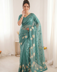 Dark Blue Soft Oris Silk with Floral Applique Work Saree