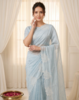 Sky Blue Soft Raspberry Crush Silk Saree with Chikankari Work