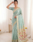 Sky Blue Soft Linen Cotton Paithani Saree with Meenakari Pichwai Lotus Pallu