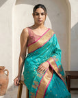 Aqua Blue Soft Traditional Paithani Silk Zari Woven Peacock Pattern Saree