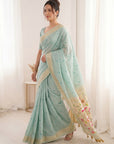 Sky Blue Soft Linen Cotton Paithani Saree with Meenakari Pichwai Lotus Pallu