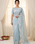 Sky Blue Soft Raspberry Crush Silk Saree with Chikankari Work