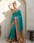 Aqua Blue Soft Traditional Paithani Silk Zari Woven Peacock Pattern Saree